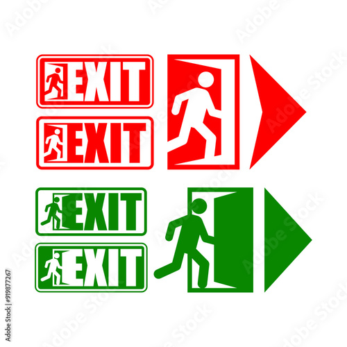 Exit sign evacuation icon set. Man exiting door symbol. Exit sign for evacuation direction