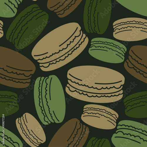 Colorful macarons Military pattern seamless. Army macaroons background