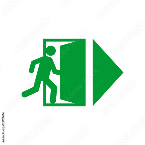 Exit sign evacuation icon. Man exiting door symbol. Exit sign for evacuation direction