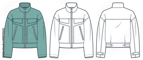 Bomber Jacket fashion flat technical drawing template. Zipped Jacket technical fashion illustration, oversize, pockets, front and back view, white, green, women, men, unisex Outerwear CAD mockup set.