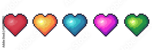 Pixel heart set icon 3d style. Vintage love symbol, 8 bit vector illustration. colorful pixel art 3d heart set.