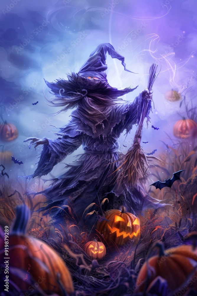 Halloween Witch Scarecrow in a Pumpkin Field with Black Cats and Eerie Purple Fog