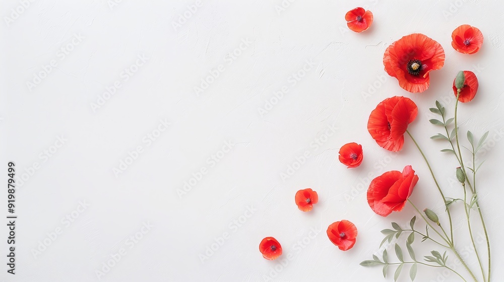 Red poppies with green leaves on white background. Minimalist floral design with copy space. Ideal for spring-themed banners, invitations, or greeting cards. Flat lay composition. Red poppies with green leaves on white background. Minimalist floral design with copy space. Ideal for spring-themed banners, invitations, or greeting cards. Flat lay composition.