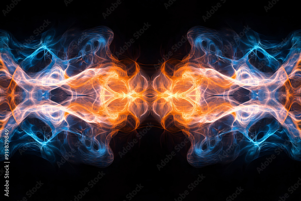 A symmetrical pattern of glowing blue and orange energy waves, creating a powerful and balanced visual effect in a dark space A symmetrical pattern of glowing blue and orange energy waves, creating a powerful and balanced visual effect in a dark space