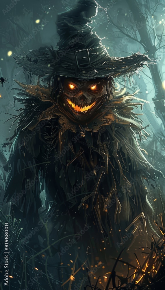 Halloween Scarecrow with Glowing Eyes in a Haunted Forest for Spooky Holiday Design and Decor Halloween Scarecrow with Glowing Eyes in a Haunted Forest for Spooky Holiday Design and Decor