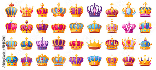 Crowns set. Luxury symbol gold crown king or queen royal monarch authority decoration emperor or royalty insignia element kingdom or imperial heraldic jewellery sign vector illustration