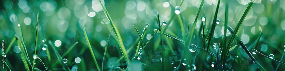 Fototapeta premium Blurred water droplets on green grass