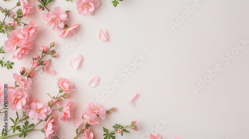 Pink cherry blossoms with scattered petals on soft beige background. Minimalist floral design with copy space. Ideal for spring-themed banners, invitations, or greeting cards. Flat lay photography