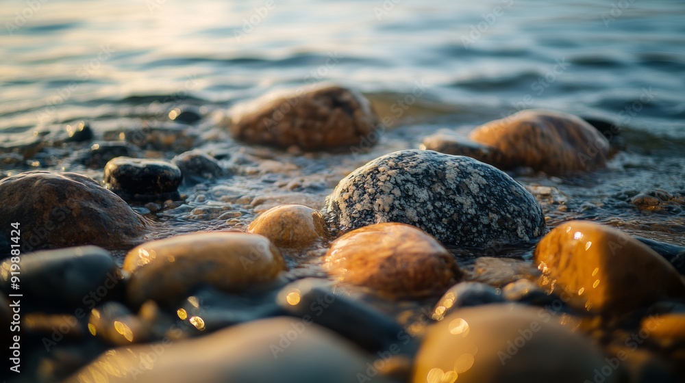 Obraz premium close-up of shiny, wet stones along the shore of a lake, with visible reflections of the water