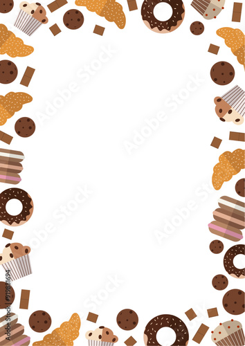 Hand drawn frame with pastry and desserts in flat style. Food illustration design for cards, posters and flyers. Bakery vector background
