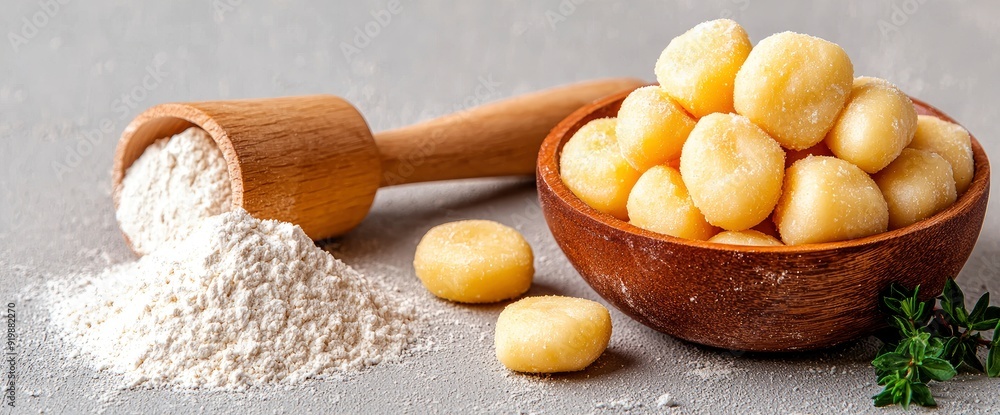 Fototapeta premium Raw Potato Gnocchi With Flour, Close-Up, Traditional, Vibrant, Inviting