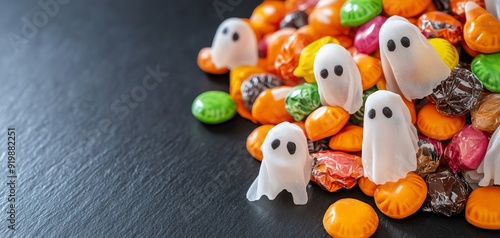 Delightful Halloween candy with ghost-shaped treats surrounded by colorful sweets, perfect for festive celebrations. photo