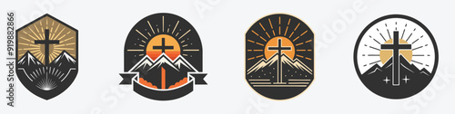 Set four christian cross mountain sunset, joy grace forgiveness mercy
