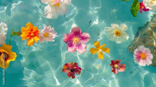 Vibrant flowers bloom underwater, creating a magical and surreal aquatic garden.
