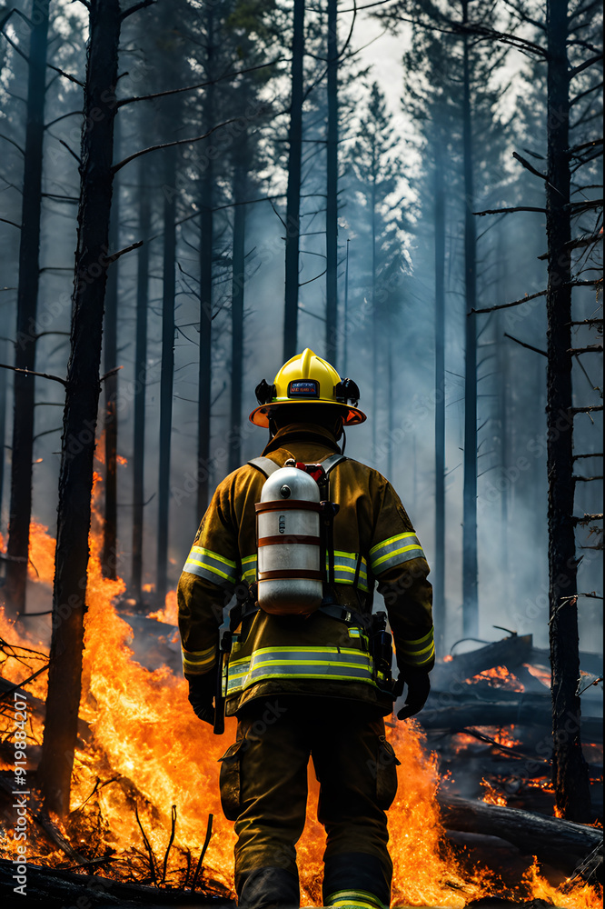 Firefighter in the forest with a fire extinguisher on the background Firefighter in the forest with a fire extinguisher on the background