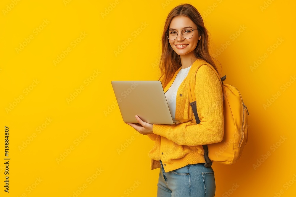 Young woman presenting laptop project as a marketing representative on yellow background Young woman presenting laptop project as a marketing representative on yellow background