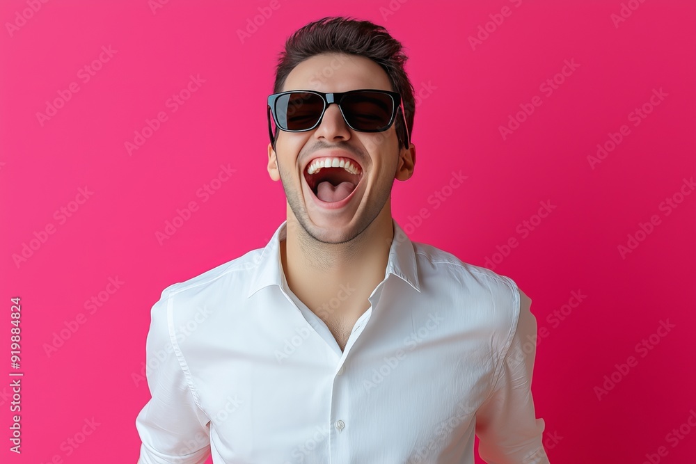 Obraz premium Stylish man in white shirt and dark sunglasses smiling happily against pink background