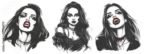 Female vampire portraits. Woman vampires tattoo sketches, lady teeth fang red sexy lips blood gothic females dracula face retro halloween horror vintage drawing vector illustration