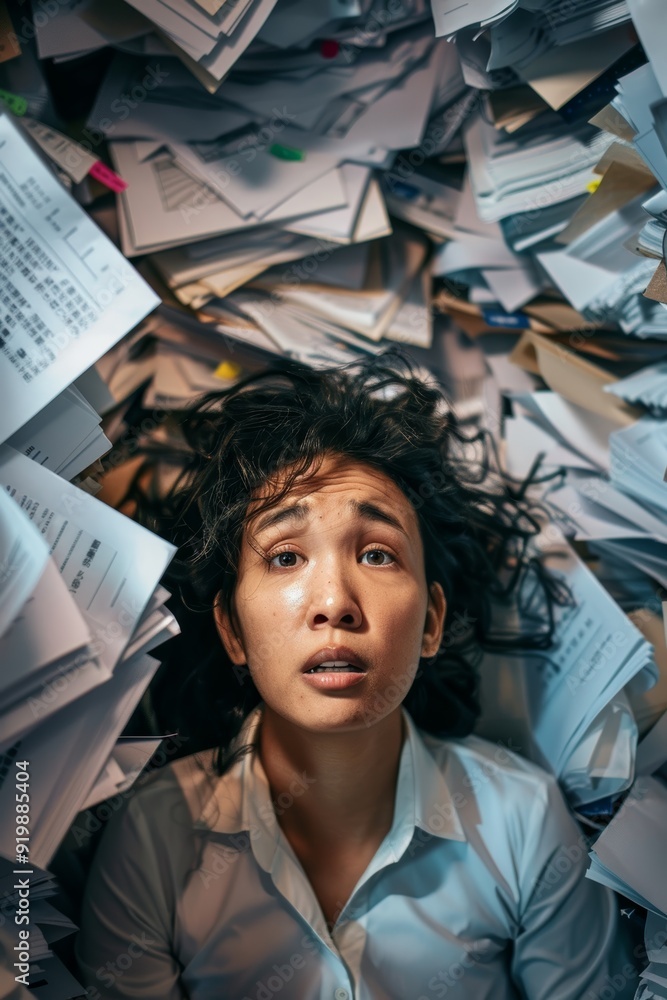 Overwhelmed Employee Buried in Paperwork Highlighting the Stress of a Toxic Work Culture