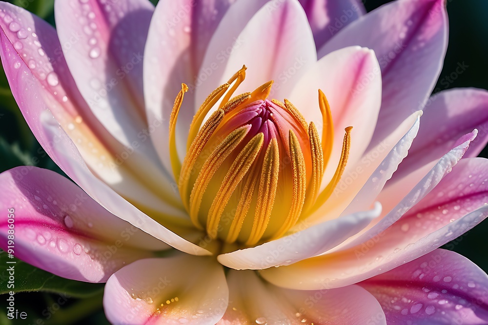 Fototapeta premium Close up of pink water lily with dew drops on petals