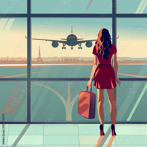 A sexy young woman with a suitcase in the Paris airport looking towards the Paris skyline, France.