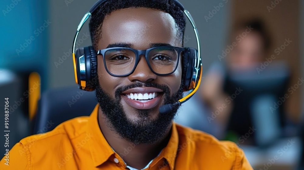 Happy black man with headset and glasses smiling at camera Happy black man with headset and glasses smiling at camera
