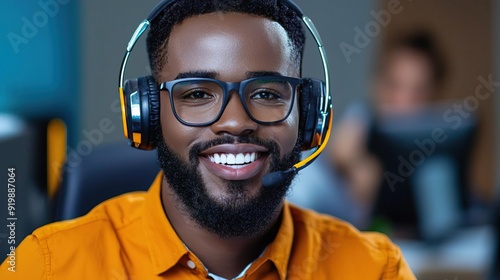 Happy black man with headset and glasses smiling at camera