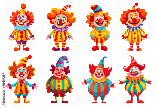 Funny clown cartoon characters. Circus clowns in joker costume, smile carnival person comedian performance happy face man jester show set vector illustration