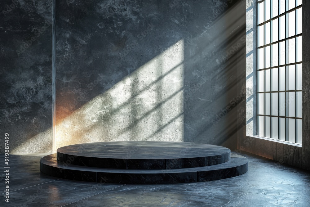 Fototapeta premium Illuminated Circular Stage With Soft Light Bars in an Urban Loft Space