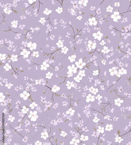 Delicate floral pattern on a lavender background, soft, elegant, seamless, pastel, decorative, feminine, spring.