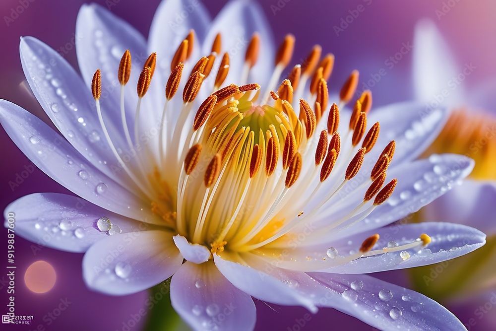Water lily with dew drops on the petals and stamens, Closeup Water lily with dew drops on the petals and stamens, Closeup