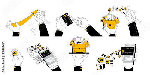 Set of illustrations with hands. Financial transactions and banking. Icons and metaphors. Vector illustration. Passive income.
