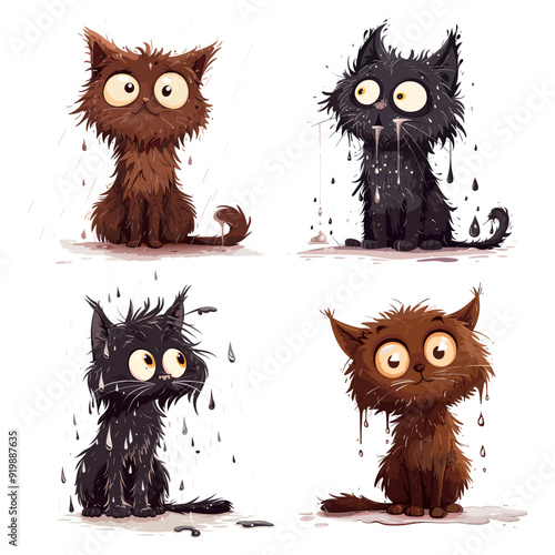 Funny wet cats. Black and brown cat after bath shower swimming or rain, domestic cute kitten pet cartoon kitty amusing pussycat feline animal set vector illustration