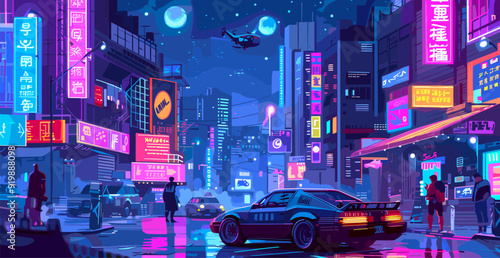 Futuristic city night street. Cyberpunk urban traffic scene, car and people in neon lights fantasy planet future town cartoon panoramic background vector illustration