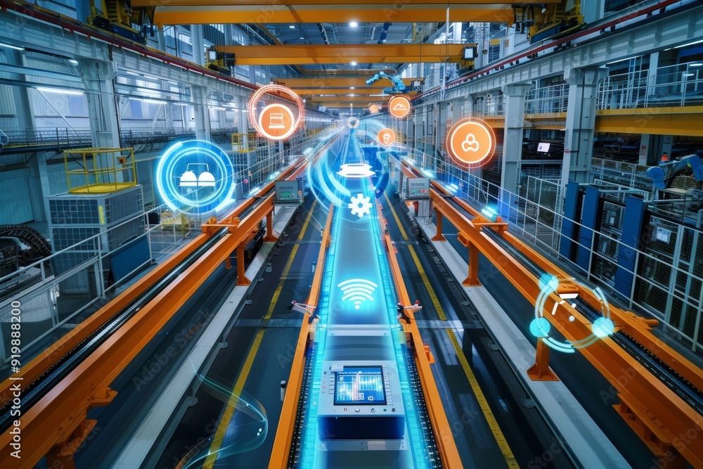 Obraz premium Smart Factory with Automated Machines and IoT Devices for Industrial Signal Transmission Technology