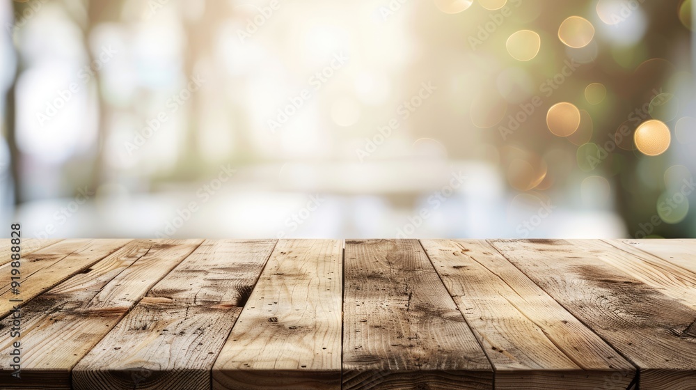 Wooden table on white blurry background for product arrangement Wooden table on white blurry background for product arrangement
