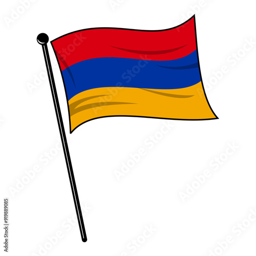 The Armenian flag flutters and waves on the flagpole. For icons, banners, emblems etc. Editable and scalable vector graphic illustration isolated on white background eps file.