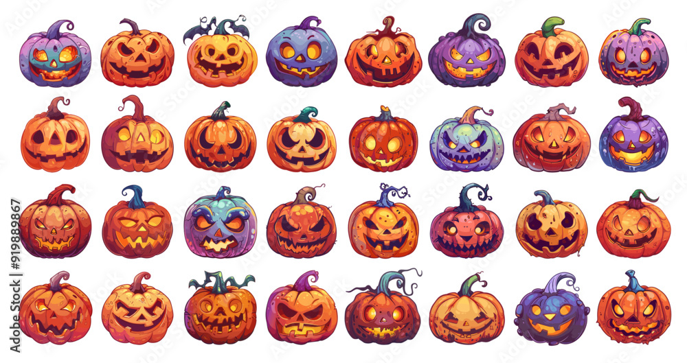 Obraz premium Halloween pumpkins set. Horror pumpkin autumn celebration fear symbol spooky lantern holiday decoration smiling jack face grinning facial expression character creepy carving teeth vector illustration