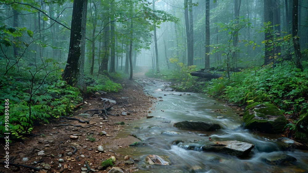 Obraz premium Misty forest trail beside a flowing stream during early morning hours