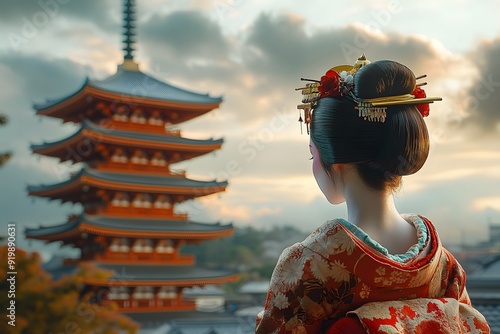 Geisha con vestimenta de la cultura japonesa con templos tipicos de Kioto photo