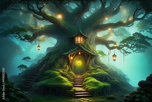 Fantasy landscape with old house in the forest. illustration. photo