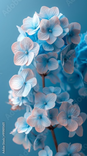 Close-up of Delicate Blue Hydrangea Flowers in Bloom, Soft Focus image.