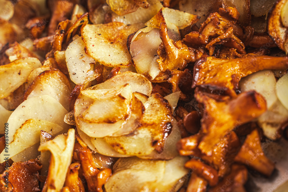 Chanterelle mushrooms with thinly sliced potatoes are fried in a pan. Vegetarian dish. Background. Selected focus. Chanterelle mushrooms with thinly sliced potatoes are fried in a pan. Vegetarian dish. Background. Selected focus.