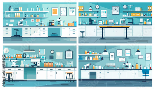 Laboratories interiors. Medical chemistry laboratory research room science interior equipment scientific microscope empty biology clinic workplace vector illustration