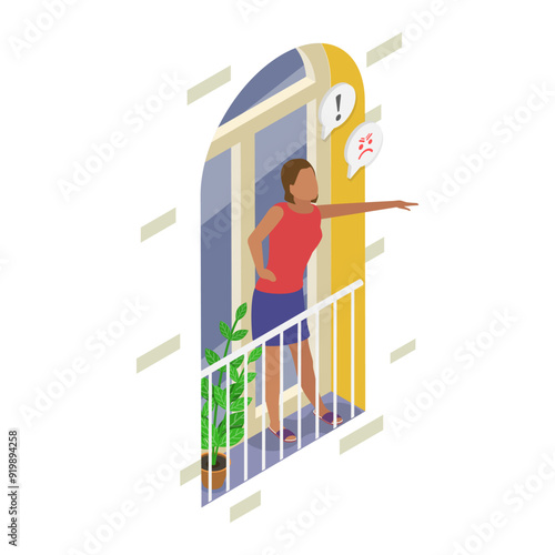 3D Isometric Flat Vector Illustration of Furious Female Neighbors, Conflict Between Residents of a Building. Item 1