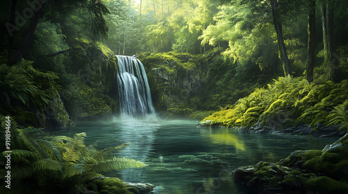 An illustration of a secluded forest with a hidden waterfall cascading into a crystal-clear pool, surrounded by ferns and moss