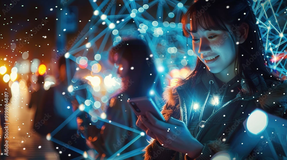 Happy People using Smartphone Devices in World Wide Connected Social Network. Diverse People do E-Business, Communicate, Send Messages. Visualization of Internet Virtual Reality Interconnected Persons Happy People using Smartphone Devices in World Wide Connected Social Network. Diverse People do E-Business, Communicate, Send Messages. Visualization of Internet Virtual Reality Interconnected Persons