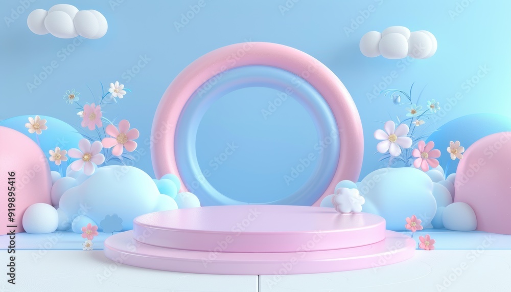 3d render, abstract background with podium and cloud in pink blue color 3d render, abstract background with podium and cloud in pink blue color