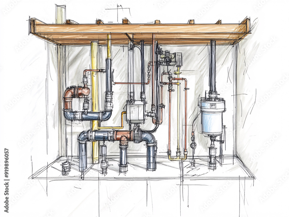 Precision Engineering: Annotated Technical Drawings of Plumbing Systems with Colorful Pipe Schematics and Detailed Construction Blueprints