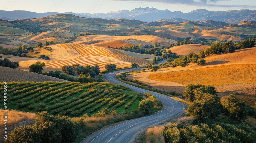 Naklejka premium Winding Road Through Rolling Hills
